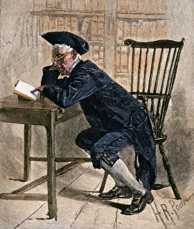 Philadelphia colonist reading in the old library, 1700s Philadelphia colonist reading in the old library, 1700s