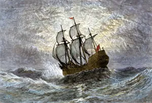 Pilgrims ship Mayflower at sea, 1620 Pilgrims ship Mayflower at sea, 1620