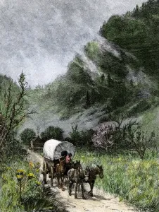 Prints of Covered wagon coming through Cumberland Gap on the Wilderness Road on a misty morning. Hand-colored woodcut of a 19th-century illustration Cumberland Prints: Covered Wagon Print: Cumberland Gap Wilderness Road Scene