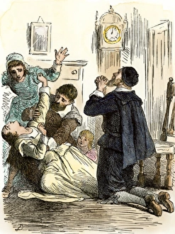Praying over a suspected witch in Salem, 1690s Praying over a suspected witch in Salem, 1690s