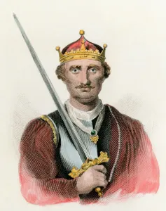 Hand-colored engraving print of William the Conqueror holding a sword