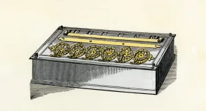 Hand-colored woodcut Print of Blaise Pascal's Mechanical Calculator