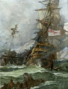 Color Print of the Brunswick Engaging the French Navy off Brittany