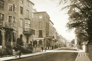 Prints of High Street, Worthing, c.1885. Looking north, entrance to Ann Street on the left in middle ground. Shop on the north corner, Potter, Bailey and Co. grocers' West Sussex Prints: High Street, Worthing Print, c.1885