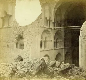 Print of Chichester Cathedral ruins after spire collapse, Southwest view