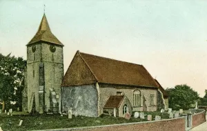 Prints of Coloured post card of church, bell tower and churchyard. Square tower with clock and small spire. Hordern Collection General Photographic Collection West Sussex Record Office Ref No PH6130 West Sussex Prints: Colour Print of St Mary's Church, Willingdon