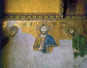The 13th century Deesis mosaic in the South Gallery of the Hagia Sophia in Istanbul, Turkey, depicting Jesus Christ The 13th century Deesis mosaic in the South Gallery of the Hagia Sophia in Istanbul, Turkey, depicting Jesus Christ