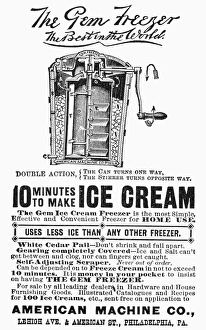 Advertisement for an American ice cream freezer. Line engraving, 1890 Advertisement for an American ice cream freezer. Line engraving, 1890