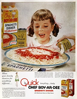Advertisement for Chef Boy-Ar-Dees Quick, tempting... tasty spaghetti dinner, from an American magazine of 1954 Advertisement for Chef Boy-Ar-Dees Quick, tempting... tasty spaghetti dinner, from an American magazine of 1954