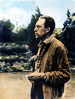 ALBERT CAMUS (1913-1960). French novelist, essayist, and playwright. Oil over a photograph, n.d ALBERT CAMUS (1913-1960). French novelist, essayist, and playwright. Oil over a photograph, n.d
