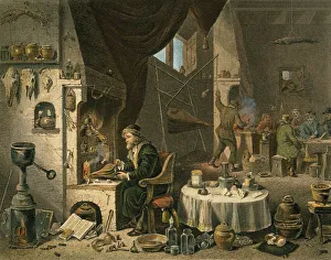 ALCHEMIST. Colored engraving after the painting by David Teniers the younger ALCHEMIST. Colored engraving after the painting by David Teniers the younger