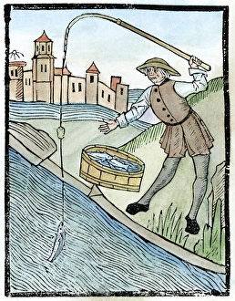 ANGLER, 1496. Woodcut from Dame Juliana Barnes Treatise of Fishing with an Angle ANGLER, 1496. Woodcut from Dame Juliana Barnes Treatise of Fishing with an Angle