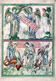 APOCALYPSE. Two angels with scroll (top); defeat of dragon (bottom); (Rev. 12: 7-12) APOCALYPSE. Two angels with scroll (top); defeat of dragon (bottom); (Rev. 12: 7-12)