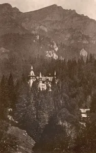 Prints of ROMANIA: CASTLE. View of the Peles castle in the Carpathian mountains, near the resort town of Sinaia, Romania. Woodburytype, late 19th century Romania Prints: Late 19th century Woodburytype Print of Peles Castle in Romania