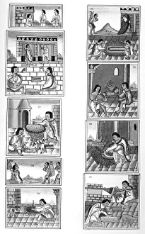AZTEC CRAFTSMEN. Aztec feather headdress makers at work. Drawing from the Codex Florentino AZTEC CRAFTSMEN. Aztec feather headdress makers at work. Drawing from the Codex Florentino