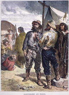 19th Century Woodcuts Prints: BACKWOODSMEN & NATIVE AMERICANS. Wood engraving, late 19th century