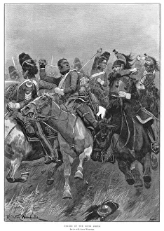 BATTLE OF WATERLOO. Charge of the cavalry regiment, the Scots Greys, during the BATTLE OF WATERLOO. Charge of the cavalry regiment, the Scots Greys, during the
