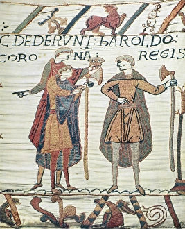 BAYEUX TAPESTRY. The crown is offered to Harold II. Detail from the Bayeux Tapestry BAYEUX TAPESTRY. The crown is offered to Harold II. Detail from the Bayeux Tapestry