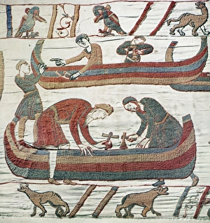 BAYEUX TAPESTRY. Shipwrights at work. Detail from the Bayeux Tapestry BAYEUX TAPESTRY. Shipwrights at work. Detail from the Bayeux Tapestry