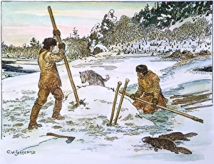 BEAVER HUNTING, 19th CENT. Native Americans, wearing leather clothing against the cold and snow BEAVER HUNTING, 19th CENT. Native Americans, wearing leather clothing against the cold and snow