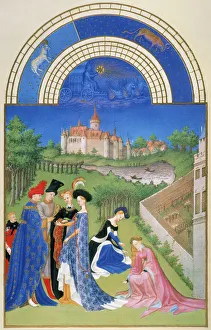 A betrothed couple exchanging rings in April: illumination from the 15th century manuscript of the Tres Riches Heures A betrothed couple exchanging rings in April: illumination from the 15th century manuscript of the Tres Riches Heures