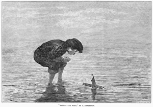 BOY AND TOY BOAT. Rasing the Wind. Wood engraving, English, 1871, after a painting by Joseph Henderson (1832-1908) BOY AND TOY BOAT. Rasing the Wind. Wood engraving, English, 1871, after a painting by Joseph Henderson (1832-1908)