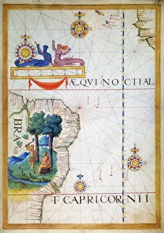 BRAZIL: MAP AND NATIVE INDIANS. Portuguese map of Brazil, 1565, depicting a family of native Indians BRAZIL: MAP AND NATIVE INDIANS. Portuguese map of Brazil, 1565, depicting a family of native Indians
