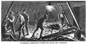 Brooklyn Bridge Construction Prints: BROOKLYN BRIDGE: CAISSON. Laborers in the caisson at the Brooklyn end of the bridge