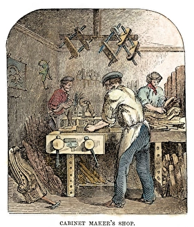 Wood Engraving Print of a Cabinetmaker's Workshop, c1865