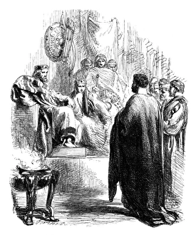 Caius Lucius addresses Cymbeline and the Queen at the palace in Act III, Scene I of William Shakespeares Cymbeline' Caius Lucius addresses Cymbeline and the Queen at the palace in Act III, Scene I of William Shakespeares Cymbeline'