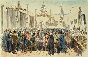 California gold miners in the El Dorado saloon at Sacramento. Color engraving, 1852 California gold miners in the El Dorado saloon at Sacramento. Color engraving, 1852