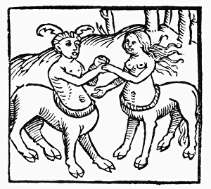 CENTAURS PLAYING, 1520. Young centaurs playing. Woodcut from Dialogues of Creatures CENTAURS PLAYING, 1520. Young centaurs playing. Woodcut from Dialogues of Creatures