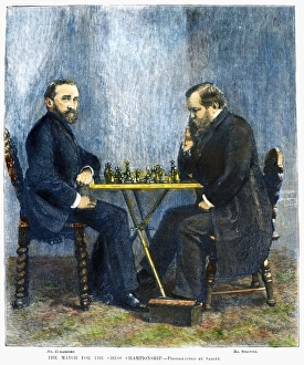 American Wood Engraving Art Prints: CHESS MATCH, 1886. Johannes Hermann Zukertort (left) and Wilhelm Steinitz at a chess championship match in New York