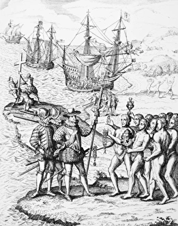 CHRISTOPHER COLUMBUS (1451-1506). Italian navigator. Columbus landing on the island of CHRISTOPHER COLUMBUS (1451-1506). Italian navigator. Columbus landing on the island of