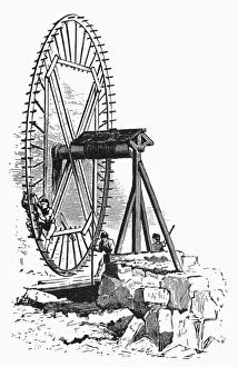 COLONIAL WHEEL-HOIST. Woodcut, American, 18th century COLONIAL WHEEL-HOIST. Woodcut, American, 18th century