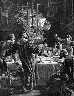 19th Century Italian Art Prints: COLUMBUS AND THE EGG. Christopher Columbus and the Egg. Wood engraving, 19th century