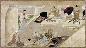 Cooks prepare cormorant, carp, and vegetables. Japanese painted scroll, color on paper Cooks prepare cormorant, carp, and vegetables. Japanese painted scroll, color on paper