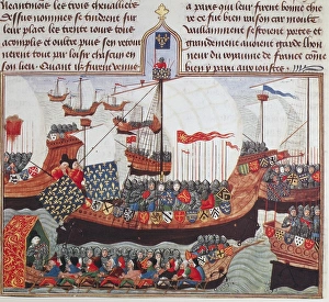CRUSADER FLOTILLA. Crusaders embarking for the Holy Land. Manuscript illumination CRUSADER FLOTILLA. Crusaders embarking for the Holy Land. Manuscript illumination