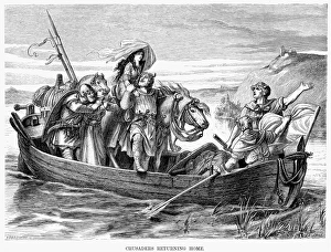 19th Century Woodcuts Prints: CRUSADERS. Crusaders returning home. Wood engraving, 19th century