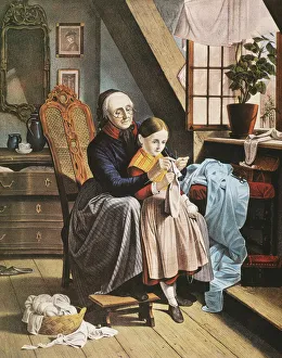CURRIER & IVES: GRANDMOTHER. The Knitting Lesson. Undated, c1860, lithograph by Currier & Ives CURRIER & IVES: GRANDMOTHER. The Knitting Lesson. Undated, c1860, lithograph by Currier & Ives