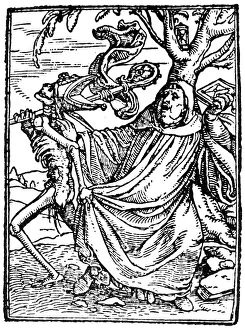DANCE OF DEATH, 1538. Death and the Abbott. Woodcut by Hans Holbein the Younger DANCE OF DEATH, 1538. Death and the Abbott. Woodcut by Hans Holbein the Younger