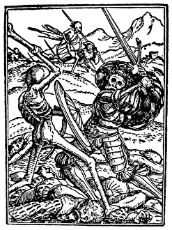 DANCE OF DEATH, 1538. Death and the Soldier. Woodcut by Hans Holbein the Younger DANCE OF DEATH, 1538. Death and the Soldier. Woodcut by Hans Holbein the Younger