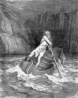 DANTE: INFERNO. Charon, ferryman of the river Styx. Wood engraving, 1861, after Gustave Dore DANTE: INFERNO. Charon, ferryman of the river Styx. Wood engraving, 1861, after Gustave Dore