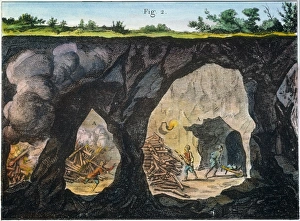 Historical Mining Industry Prints: DIDEROT: UNDERGROUND MINE. Miners loosening rocks with the help of bonfires: engraving from Denis Diderots Encyclopedie