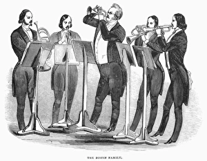 DISTIN FAMILY, 1844. The Distin family brass quintet. Wood engraving, English, 1844 DISTIN FAMILY, 1844. The Distin family brass quintet. Wood engraving, English, 1844