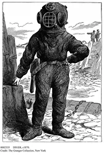 DIVER, c1870. An underwater diver in full diving-gear. Line engraving, c1870 DIVER, c1870. An underwater diver in full diving-gear. Line engraving, c1870