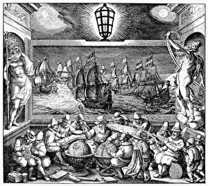 Prints of DUTCH COMMERCE, 1612. The Light of Navigation. Engraved frontispiece, 1612, to a book of sea charts by the Dutch geographer Willem Janszoon Blaeu Willem Blaeu Prints: Engraved Print of Dutch Commerce Frontispiece, 1612