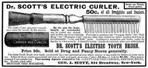ELECTRIC CURLER, 1887. Dr. Scotts Electric Curler. American advertisement, 1887 ELECTRIC CURLER, 1887. Dr. Scotts Electric Curler. American advertisement, 1887
