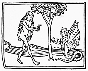 EVE AND LILITH. Lilith tempting eve with an apple in the Garden of Eden. Woodcut EVE AND LILITH. Lilith tempting eve with an apple in the Garden of Eden. Woodcut