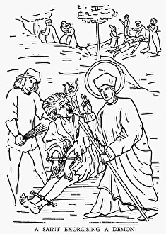 EXORCISM. A saint exorcising a demon. Engraving after a medieval painting EXORCISM. A saint exorcising a demon. Engraving after a medieval painting